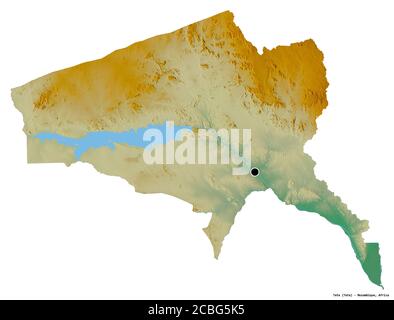 Form von Tete, Provinz Mosambik, mit seiner Hauptstadt isoliert auf weißem Hintergrund. Topografische Reliefkarte. 3D-Rendering Stockfoto