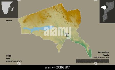 Form von Tete, Provinz Mosambik, und seine Hauptstadt. Entfernungsskala, Vorschauen und Beschriftungen. Topografische Reliefkarte. 3D-Rendering Stockfoto