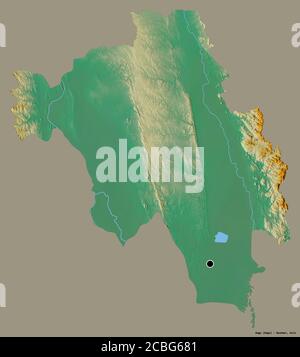 Form von Bago, Teilung von Myanmar, mit seiner Hauptstadt isoliert auf einem einfarbigen Hintergrund. Topografische Reliefkarte. 3D-Rendering Stockfoto