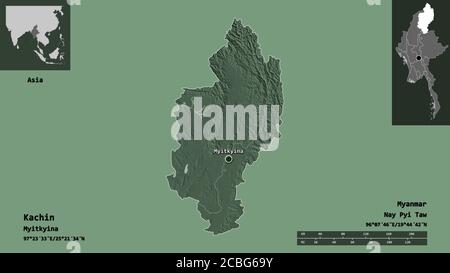 Form von Kachin, Staat Myanmar, und seine Hauptstadt. Entfernungsskala, Vorschauen und Beschriftungen. Farbige Höhenkarte. 3D-Rendering Stockfoto