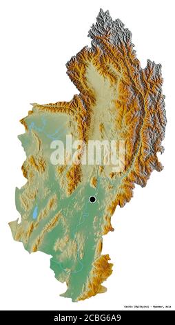 Form von Kachin, Staat Myanmar, mit seiner Hauptstadt isoliert auf weißem Hintergrund. Topografische Reliefkarte. 3D-Rendering Stockfoto