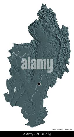 Form von Kachin, Staat Myanmar, mit seiner Hauptstadt isoliert auf weißem Hintergrund. Farbige Höhenkarte. 3D-Rendering Stockfoto