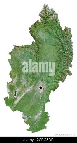 Form von Kachin, Staat Myanmar, mit seiner Hauptstadt isoliert auf weißem Hintergrund. Satellitenbilder. 3D-Rendering Stockfoto