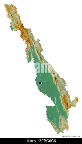 Form von Kayin, Staat Myanmar, mit seiner Hauptstadt isoliert auf weißem Hintergrund. Topografische Reliefkarte. 3D-Rendering Stockfoto