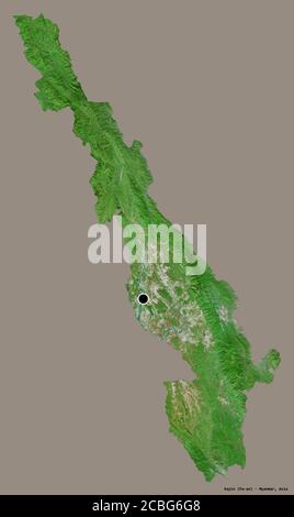 Form von Kayin, Staat Myanmar, mit seiner Hauptstadt isoliert auf einem einfarbigen Hintergrund. Satellitenbilder. 3D-Rendering Stockfoto