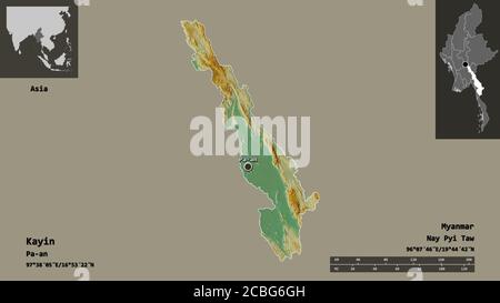 Form von Kayin, Staat Myanmar, und seine Hauptstadt. Entfernungsskala, Vorschauen und Beschriftungen. Topografische Reliefkarte. 3D-Rendering Stockfoto