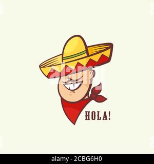 Mexikanischer Kopf mit traditionellem Sombrero und rotem Halskinder. Abstraktes Vektorzeichen oder Logo-Vorlage. Lächelndes Mans Gesicht mit Schnurrbart und Hut-Symbol. Stock Vektor