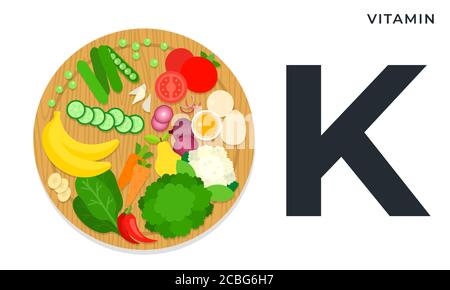 Vitamin K Nahrungsquellen flache Vektor-Illustration. Ernährung gesunde Ernährung und Wohlbefinden Konzept. Stock Vektor