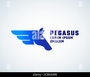 Pegasus Absstract Vektor-Zeichen, Symbol oder Logo-Vorlage. Pferdekopf mit Flügeln Silhouette Emblem mit moderner Typografie. Stock Vektor