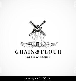 Korn und Mehl abstrakte Vektor-Zeichen, Symbol oder Logo-Vorlage. Handgezeichnete Windmühle Skizze Illustration und Retro Typografie. Klassisches Luxus-Emblem. Stock Vektor
