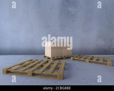 3d-Rendering-Bild von Boxen auf Holzpalette. Stockfoto