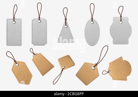 Preisschilder in Papierform. Realistische leere Kartonetiketten mit Seilen, vintage weiße und braune Einkaufsetiketten, Preisschild Mockup Vektor-Set Stock Vektor