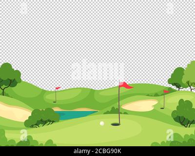 Golf Hintergrund. Grüner Golfplatz mit Loch und roten Fahnen für Einladungskarte, Poster und Banner, Charity-Play-Turnier Vektor-Vorlage Stock Vektor