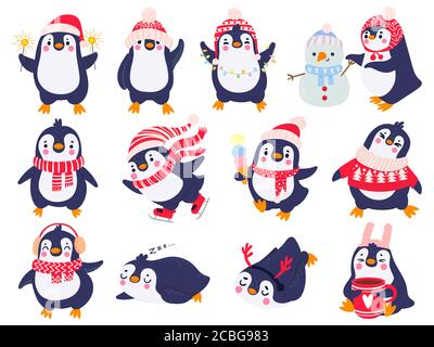 Pinguin. Handgezeichnete niedliche Pinguine in Winterkleidung und Hut, fröhliche weihnachtsgrüße arktische Tiere in Oberbekleidung, Kinder Cartoon-Vektor-Set Stock Vektor