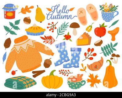 Herbstelemente. Fallende Blätter, gelbe Pflanzen und Lebensmittel, Erntefest oder Danksagung Tag saisonale abstrakte Cartoon Vektor-Set Stock Vektor