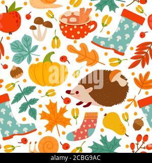 Herbst Nahtloses Muster. Zeichnung Kürbis, Nüsse, Pflanzen. Abstrakte Erntezeit, Thanksgiving Tag Print Papier oder Textil-Vektor-Textur Stock Vektor