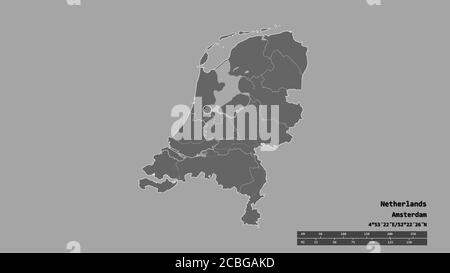 Entsättigte Form der Niederlande mit seiner Hauptstadt, Hauptregionalteilung und dem abgetrennten Zuid-Holland-Gebiet. Beschriftungen. Höhenkarte mit zwei Ebenen. 3D-rende Stockfoto