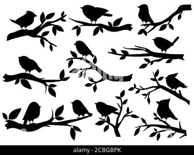 Silhouetten von Vögeln und Zweigen. Niedliche Vögel und Ast, romantisches Frühlingsbild, schwarze Spatzen auf Baum, Gartendekor Retro-Kunst, Vektor-Set Stock Vektor