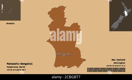 Form von Manawatu-Wanganui, regionalrat von Neuseeland, und seine Hauptstadt. Entfernungsskala, Vorschauen und Beschriftungen. Zusammensetzung der regelmäßig gemusterten Stockfoto