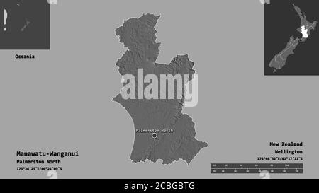 Form von Manawatu-Wanganui, regionalrat von Neuseeland, und seine Hauptstadt. Entfernungsskala, Vorschauen und Beschriftungen. Höhenkarte mit zwei Ebenen. 3D-Rendering Stockfoto