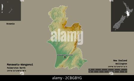 Form von Manawatu-Wanganui, regionalrat von Neuseeland, und seine Hauptstadt. Entfernungsskala, Vorschauen und Beschriftungen. Topografische Reliefkarte. 3D-Renderin Stockfoto