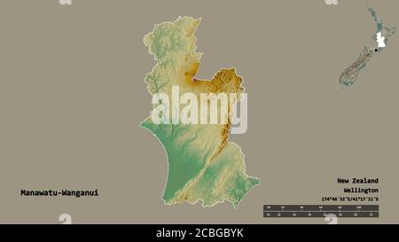 Form von Manawatu-Wanganui, regionalrat von Neuseeland, mit seiner Hauptstadt isoliert auf festem Hintergrund. Entfernungsskala, Regionenvorschau und Beschriftungen. Stockfoto