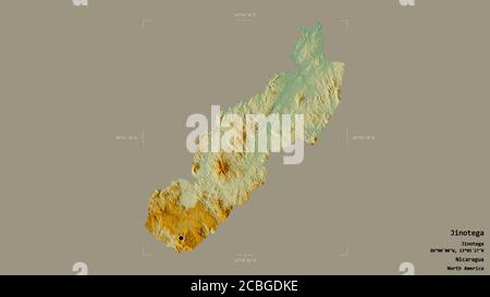 Gebiet von Jinotega, Abteilung von Nicaragua, isoliert auf einem soliden Hintergrund in einem georeferenzierten Begrenzungsrahmen. Beschriftungen. Topografische Reliefkarte. 3D-Renderin Stockfoto