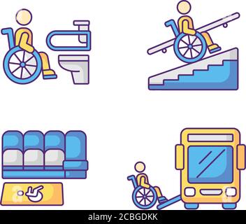 Rollstuhlfahrer Einrichtungen RGB-Farbsymbole eingestellt Stock Vektor