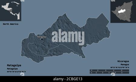 Form von Matagalpa, Abteilung von Nicaragua, und seine Hauptstadt. Entfernungsskala, Vorschauen und Beschriftungen. Farbige Höhenkarte. 3D-Rendering Stockfoto