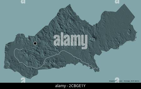 Form von Matagalpa, Abteilung von Nicaragua, mit seiner Hauptstadt isoliert auf einem einfarbigen Hintergrund. Farbige Höhenkarte. 3D-Rendering Stockfoto