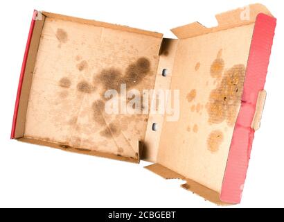 Oben Blick auf fettige leere Lieferung Pizzabox Stockfoto