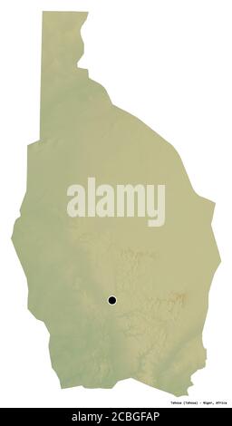 Form von Tahoua, Department of Niger, mit seiner Hauptstadt isoliert auf weißem Hintergrund. Topografische Reliefkarte. 3D-Rendering Stockfoto