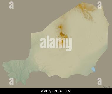 Form von Niger mit seiner Hauptstadt isoliert auf einem einfarbigen Hintergrund. Topografische Reliefkarte. 3D-Rendering Stockfoto