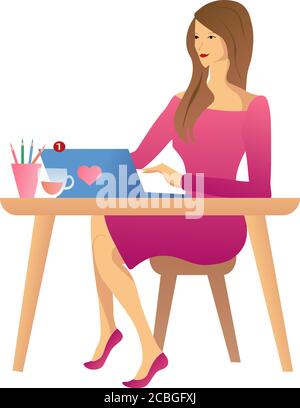 Isolieren Sie die Abbildung des Mädchens, das den Computer arbeitet Stock Vektor