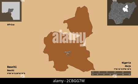 Form von Bauchi, Bundesstaat Nigeria, und seine Hauptstadt. Entfernungsskala, Vorschauen und Beschriftungen. Komposition von regelmäßig gemusterten Texturen. 3D-Rendering Stockfoto