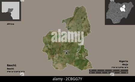 Form von Bauchi, Bundesstaat Nigeria, und seine Hauptstadt. Entfernungsskala, Vorschauen und Beschriftungen. Satellitenbilder. 3D-Rendering Stockfoto