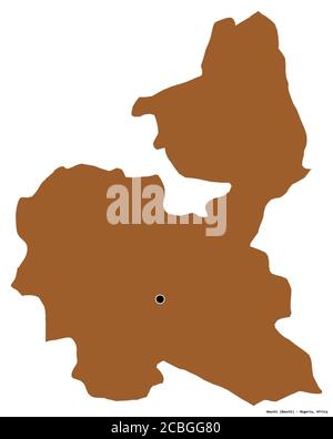 Form von Bauchi, Bundesstaat Nigeria, mit seiner Hauptstadt isoliert auf weißem Hintergrund. Komposition von gemusterten Texturen. 3D-Rendering Stockfoto