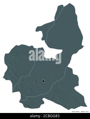 Form von Bauchi, Bundesstaat Nigeria, mit seiner Hauptstadt isoliert auf weißem Hintergrund. Farbige Höhenkarte. 3D-Rendering Stockfoto