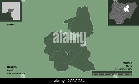 Form von Bauchi, Bundesstaat Nigeria, und seine Hauptstadt. Entfernungsskala, Vorschauen und Beschriftungen. Farbige Höhenkarte. 3D-Rendering Stockfoto