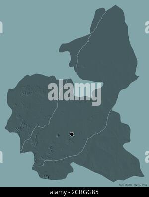 Form von Bauchi, Bundesstaat Nigeria, mit seiner Hauptstadt isoliert auf einem einfarbigen Hintergrund. Farbige Höhenkarte. 3D-Rendering Stockfoto