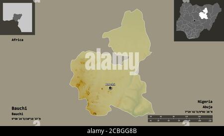Form von Bauchi, Bundesstaat Nigeria, und seine Hauptstadt. Entfernungsskala, Vorschauen und Beschriftungen. Topografische Reliefkarte. 3D-Rendering Stockfoto