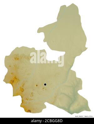 Form von Bauchi, Bundesstaat Nigeria, mit seiner Hauptstadt isoliert auf weißem Hintergrund. Topografische Reliefkarte. 3D-Rendering Stockfoto