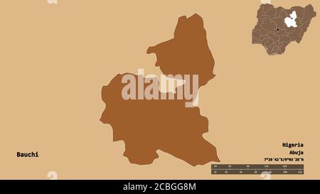Form von Bauchi, Bundesstaat Nigeria, mit seiner Hauptstadt isoliert auf festem Hintergrund. Entfernungsskala, Regionenvorschau und Beschriftungen. Zusammensetzung von regelmäßig Stockfoto