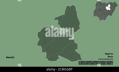 Form von Bauchi, Bundesstaat Nigeria, mit seiner Hauptstadt isoliert auf festem Hintergrund. Entfernungsskala, Regionenvorschau und Beschriftungen. Farbige Höhenkarte. 3D Stockfoto