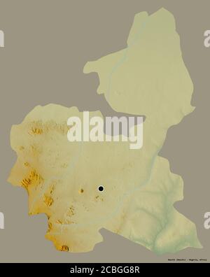 Form von Bauchi, Bundesstaat Nigeria, mit seiner Hauptstadt isoliert auf einem einfarbigen Hintergrund. Topografische Reliefkarte. 3D-Rendering Stockfoto