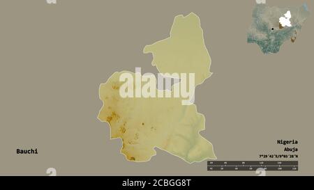 Form von Bauchi, Bundesstaat Nigeria, mit seiner Hauptstadt isoliert auf festem Hintergrund. Entfernungsskala, Regionenvorschau und Beschriftungen. Topografische Reliefkarte. 3 Stockfoto