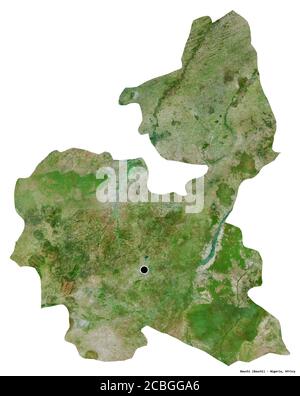 Form von Bauchi, Bundesstaat Nigeria, mit seiner Hauptstadt isoliert auf weißem Hintergrund. Satellitenbilder. 3D-Rendering Stockfoto