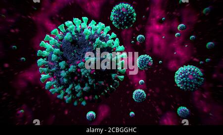 Blaue COVID-19 Coronavirus-Moleküle auf rotem Hintergrund - Influenza-Virus Erreichen der zweiten Welle - Pandemie Ausbruch Cover Foto 3D-Rendering Stockfoto