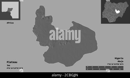 Form von Plateau, Bundesstaat Nigeria, und seine Hauptstadt. Entfernungsskala, Vorschauen und Beschriftungen. Höhenkarte mit zwei Ebenen. 3D-Rendering Stockfoto