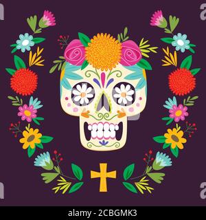 Plakat 'Dia de los Muertos' (Tag der Toten). Mexikanischer Zucker Totenkopf mit floraler Dekoration. Vektorgrafik. Stock Vektor